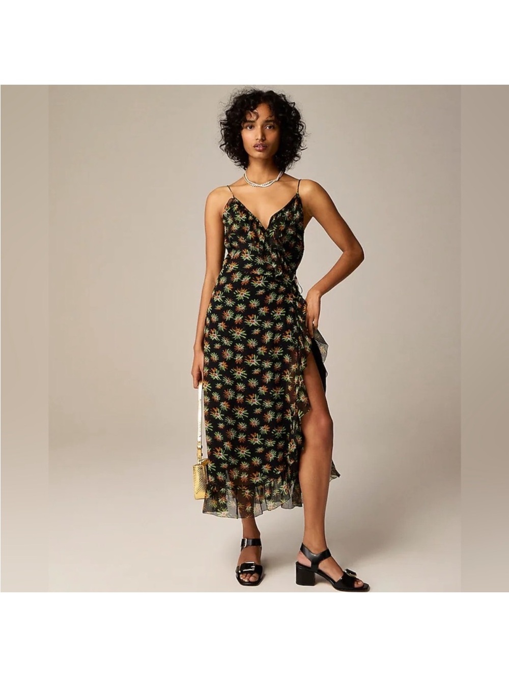 J. Crew Black Floral Ruffled Wrap Midi Maxi Dress Size 12
